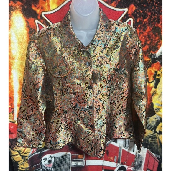 Chicos Womens Size 1‎ Medium Multi Colored Print Linen Cotton Button Up Jacket - Picture 1 of 4